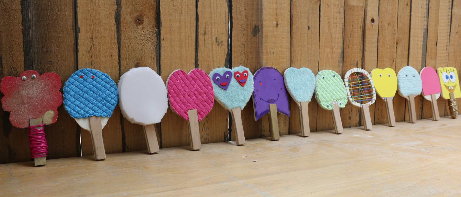 Colourful, self-made ping pong rackets